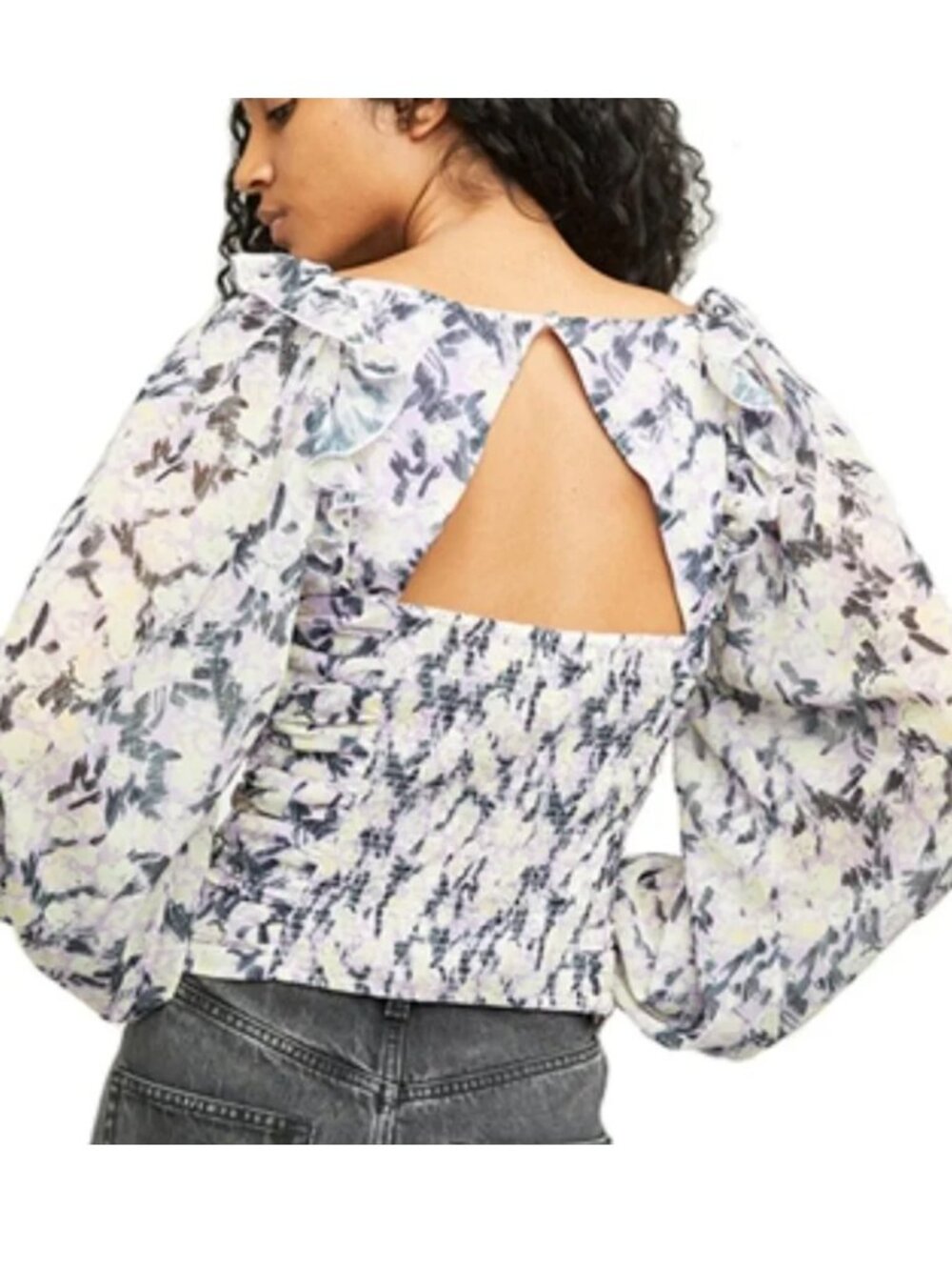 Free People Floral Ruched Blouse Top Puff Sleeve Tie Front Cottagecore Boho M - Picture 4 of 16